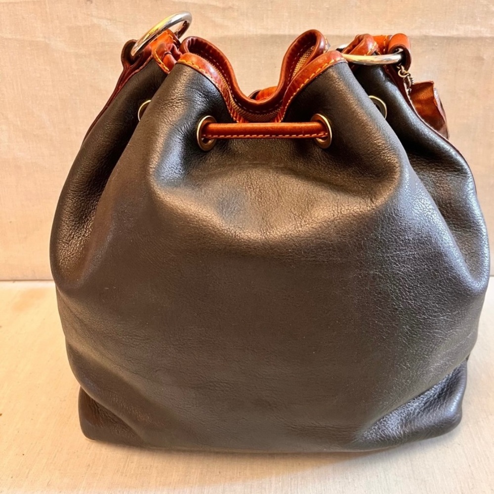 Dooney & Bourke Brown Leather Drawstring Shoulder Bag with Tan Trim
